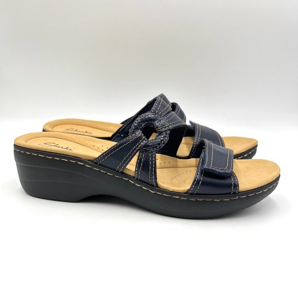Clarks Size 11 Merliah Coral Navy Blue Leather Low Wedge Slip On Sandals Shoes - Picture 1 of 15